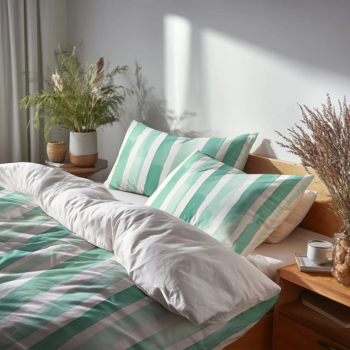 Coastal Bedding Set - Mint Breeze Stripes Duvet Cover And Cushion Set