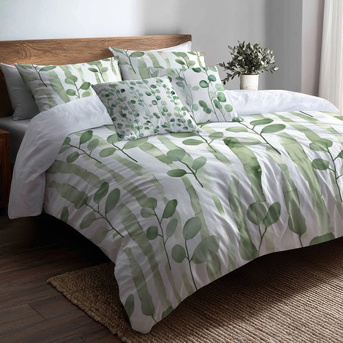 Country / Farmhouse Bedding Set of 5 - Green And White Eucalyptus Lines Duvet Cover And Throw Pillow Set