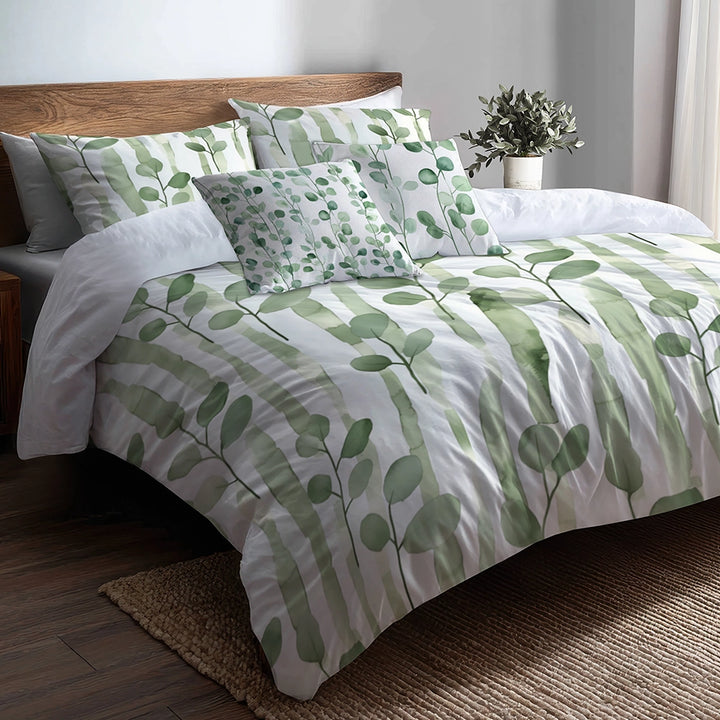 Country / Farmhouse Bedding Set of 5 - Green And White Eucalyptus Lines Duvet Cover And Throw Pillow Set