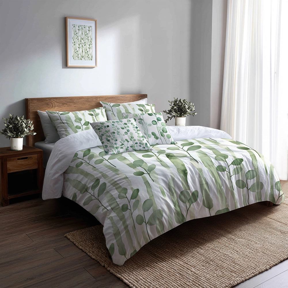Country / Farmhouse Bedding Set of 5 - Green And White Eucalyptus Lines Duvet Cover And Throw Pillow Set