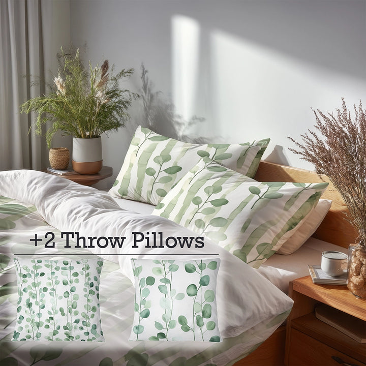 Country / Farmhouse Bedding Set of 5 - Green And White Eucalyptus Lines Duvet Cover And Throw Pillow Set