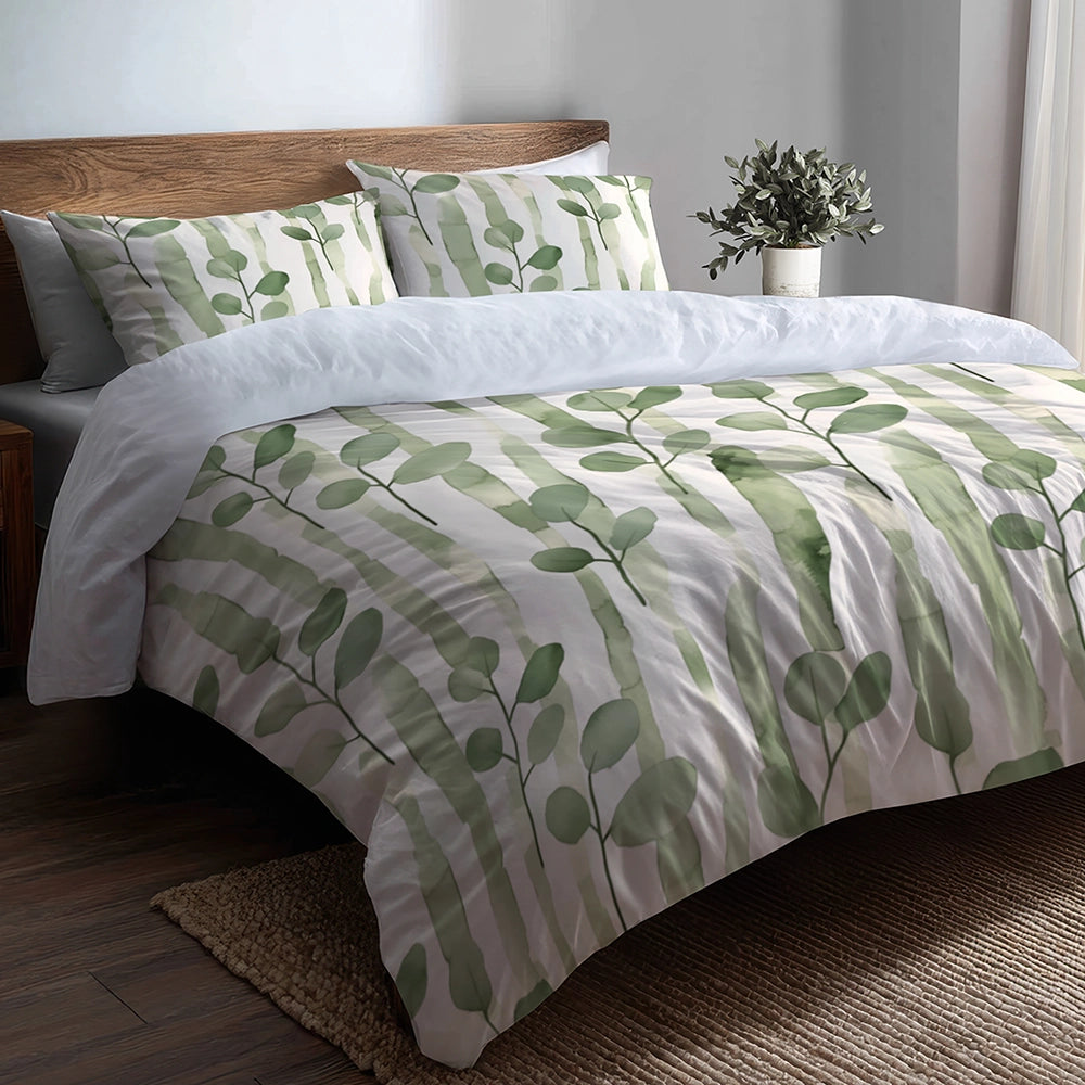 Country / Farmhouse Bedding Set of 5 - Green And White Eucalyptus Lines Duvet Cover And Throw Pillow Set