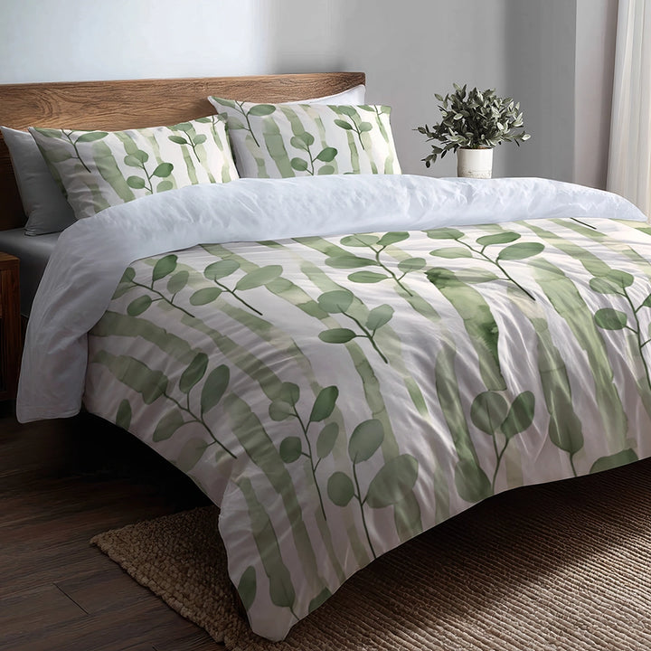 Country / Farmhouse Bedding Set of 5 - Green And White Eucalyptus Lines Duvet Cover And Throw Pillow Set