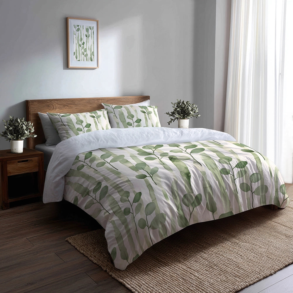 Country / Farmhouse Bedding Set of 5 - Green And White Eucalyptus Lines Duvet Cover And Throw Pillow Set