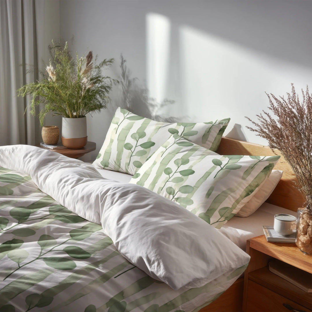 Country / Farmhouse Bedding Set of 5 - Green And White Eucalyptus Lines Duvet Cover And Throw Pillow Set