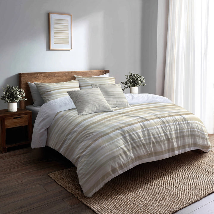 Striped Duvet Cover Set of 5 - Beige And White Ivory Horizon Bedding And Throw Pillow Set