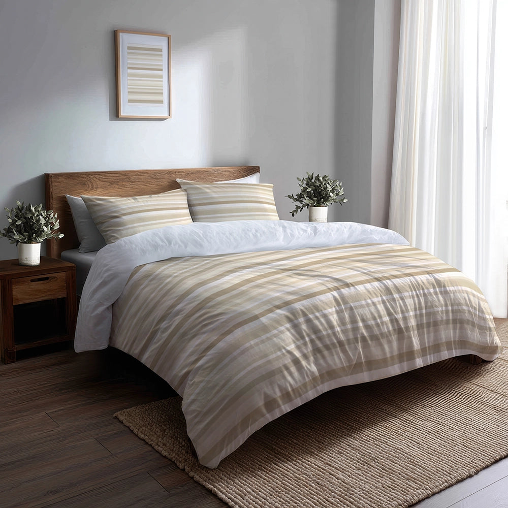 Striped Duvet Cover Set of 5 - Beige And White Ivory Horizon Bedding And Throw Pillow Set
