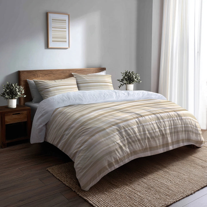 Striped Duvet Cover Set of 5 - Beige And White Ivory Horizon Bedding And Throw Pillow Set