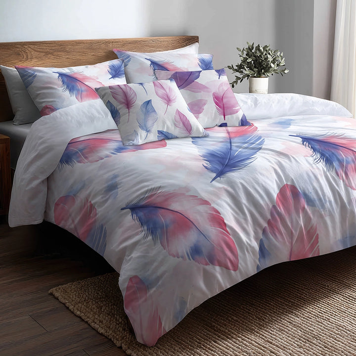 French Country Bedding Set - Blue And Pink Feather Stripes Duvet Cover And Cushion Set