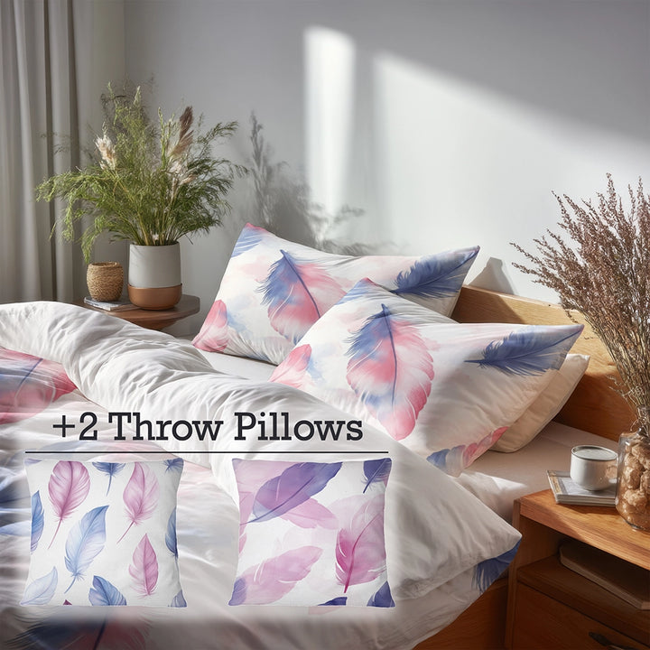 French Country Bedding Set - Blue And Pink Feather Stripes Duvet Cover And Cushion Set