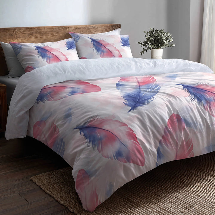 French Country Bedding Set - Blue And Pink Feather Stripes Duvet Cover And Cushion Set