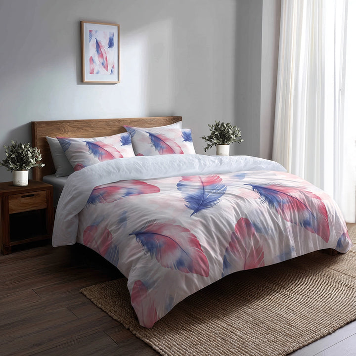 French Country Bedding Set - Blue And Pink Feather Stripes Duvet Cover And Cushion Set