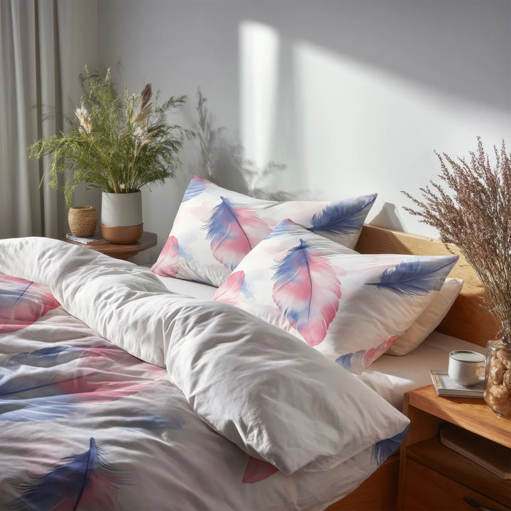 French Country Bedding Set - Blue And Pink Feather Stripes Duvet Cover And Cushion Set