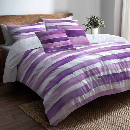 Striped Duvet Cover Set of 5 - Purple And White Lavender Stripes Bedding And Throw Pillow Set