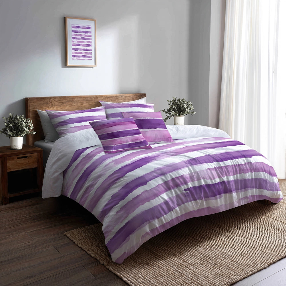 Striped Duvet Cover Set of 5 - Purple And White Lavender Stripes Bedding And Throw Pillow Set
