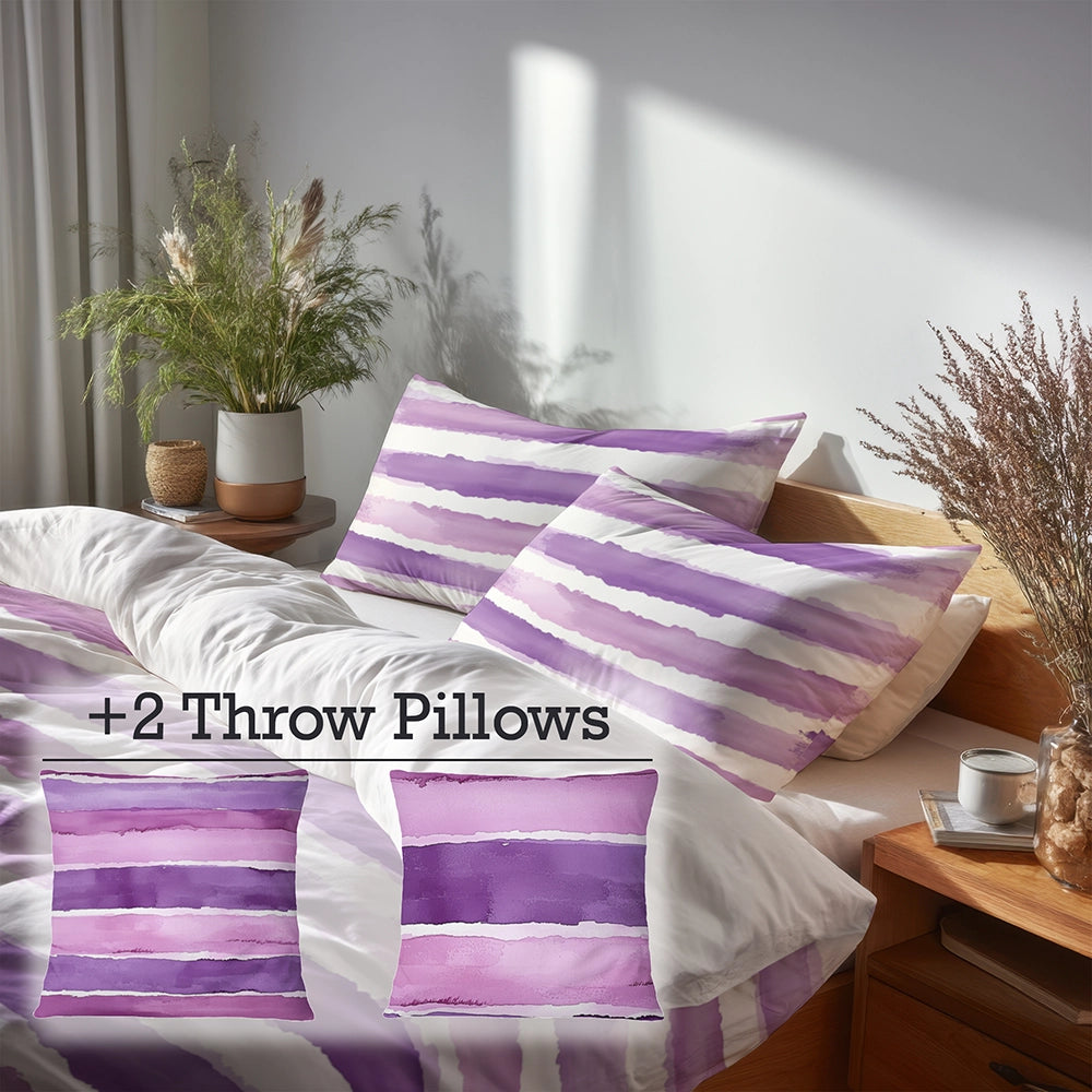 Striped Duvet Cover Set of 5 - Purple And White Lavender Stripes Bedding And Throw Pillow Set