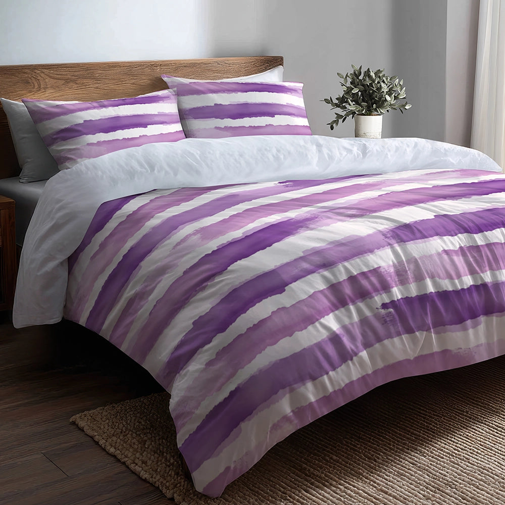 Striped Duvet Cover Set of 5 - Purple And White Lavender Stripes Bedding And Throw Pillow Set