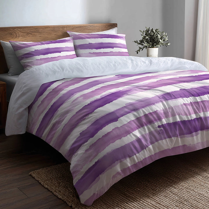 Striped Duvet Cover Set of 5 - Purple And White Lavender Stripes Bedding And Throw Pillow Set
