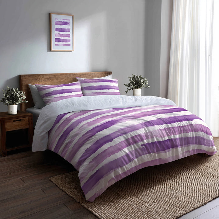 Striped Duvet Cover Set of 5 - Purple And White Lavender Stripes Bedding And Throw Pillow Set