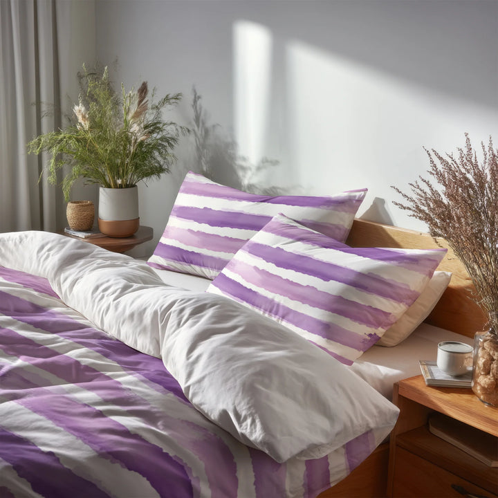 Striped Duvet Cover Set of 5 - Purple And White Lavender Stripes Bedding And Throw Pillow Set