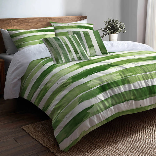 Striped 5 Pcs Bedding Set - Green And Beige Meadow Stripes Duvet Cover And Pillow Set