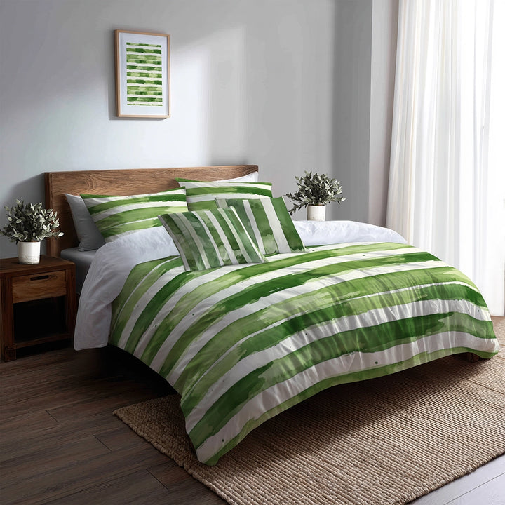 Striped 5 Pcs Bedding Set - Green And Beige Meadow Stripes Duvet Cover And Pillow Set