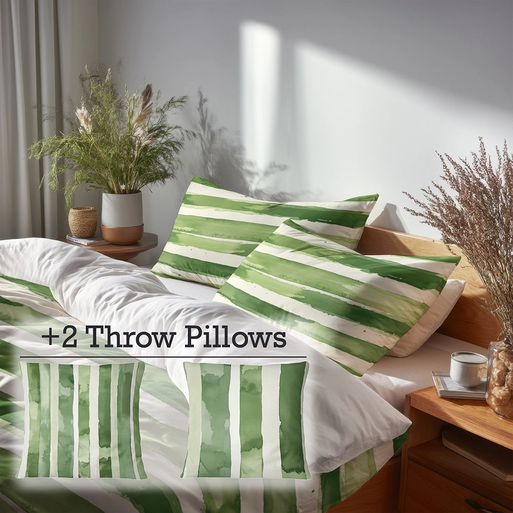 Striped 5 Pcs Bedding Set - Green And Beige Meadow Stripes Duvet Cover And Pillow Set