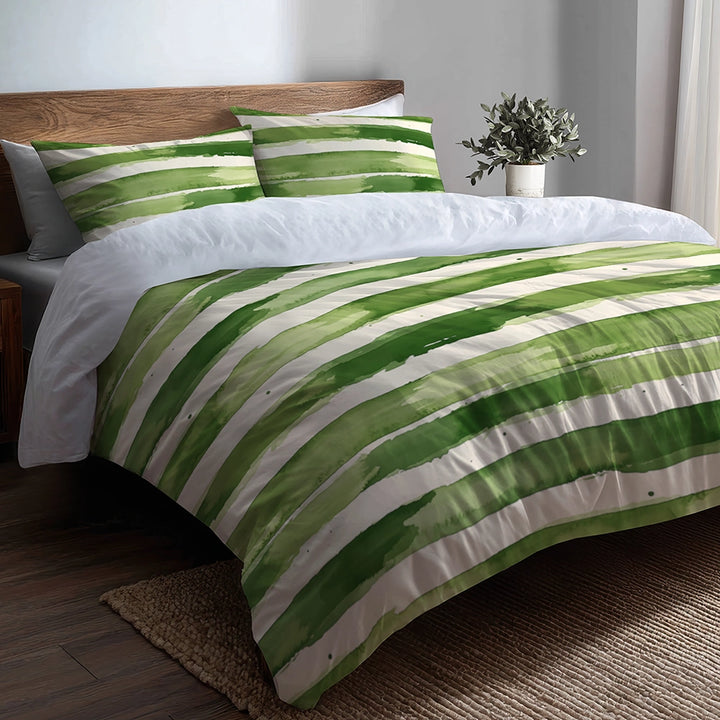 Striped 5 Pcs Bedding Set - Green And Beige Meadow Stripes Duvet Cover And Pillow Set