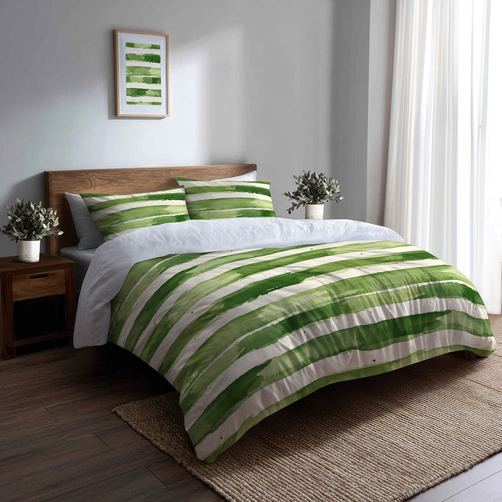 Striped 5 Pcs Bedding Set - Green And Beige Meadow Stripes Duvet Cover And Pillow Set