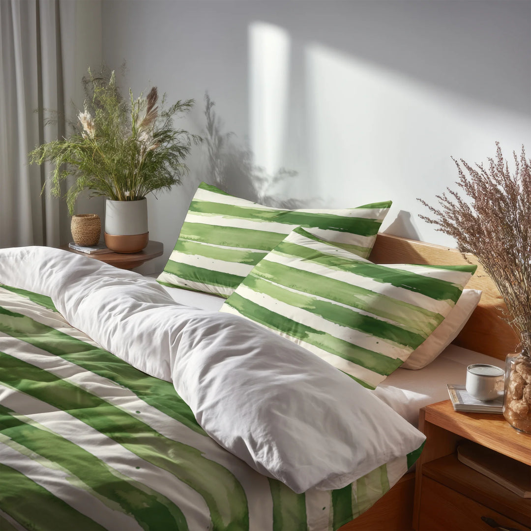 Striped 5 Pcs Bedding Set - Green And Beige Meadow Stripes Duvet Cover And Pillow Set