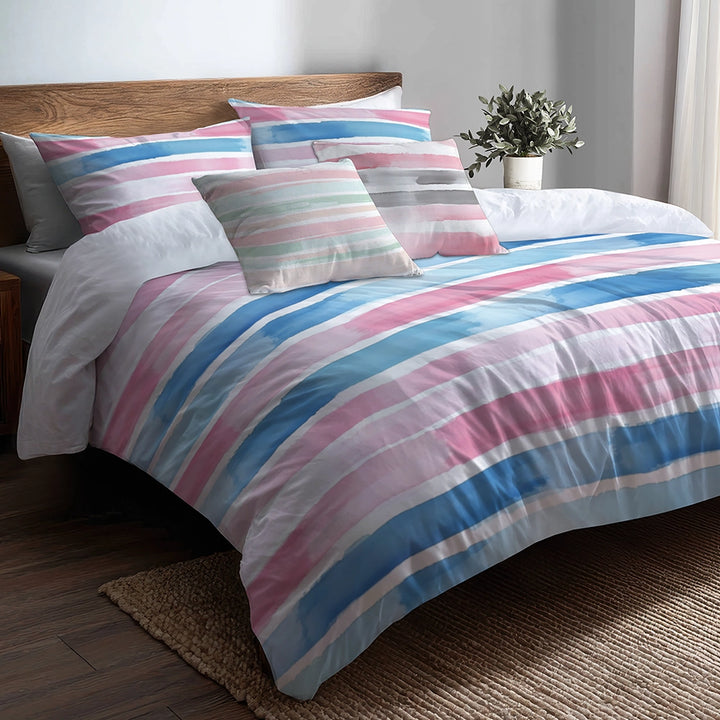 Striped Duvet Cover Set of 5 - Pink And Blue Soft Drift Bedding And Throw Pillow Set