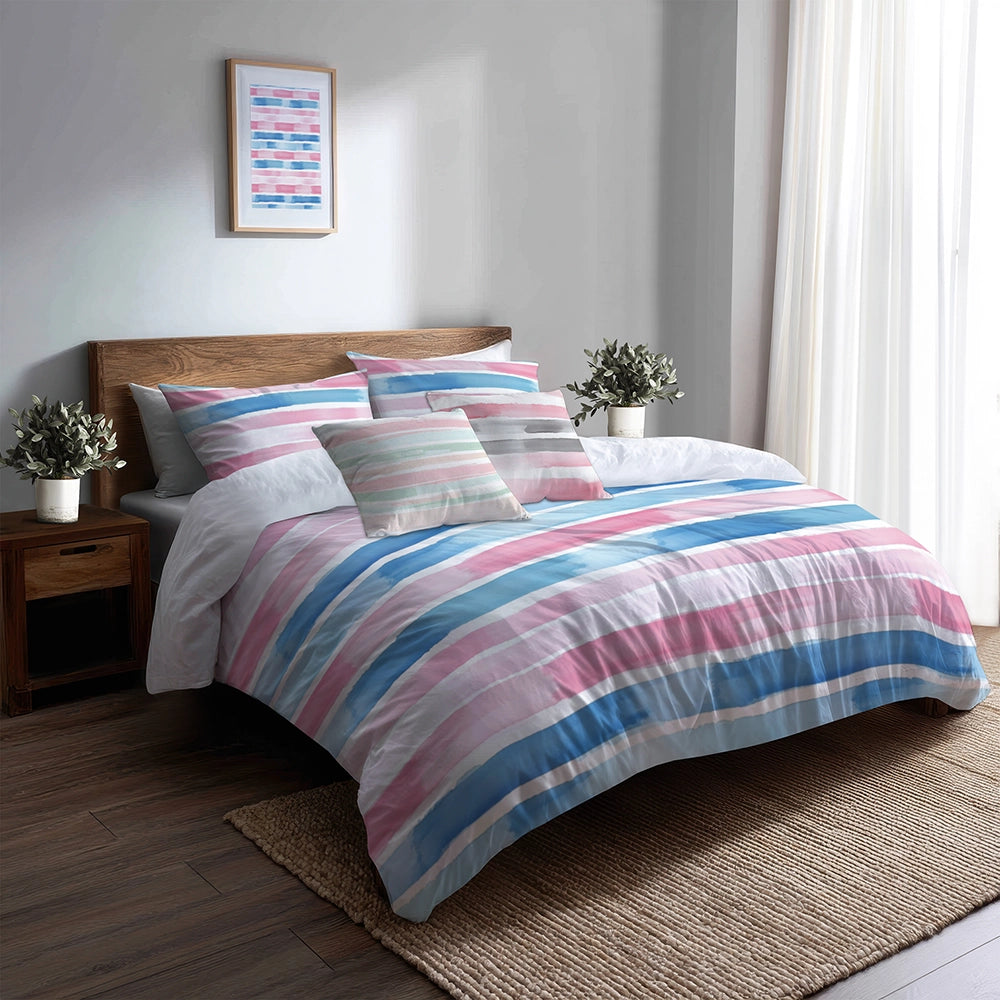 Striped Duvet Cover Set of 5 - Pink And Blue Soft Drift Bedding And Throw Pillow Set