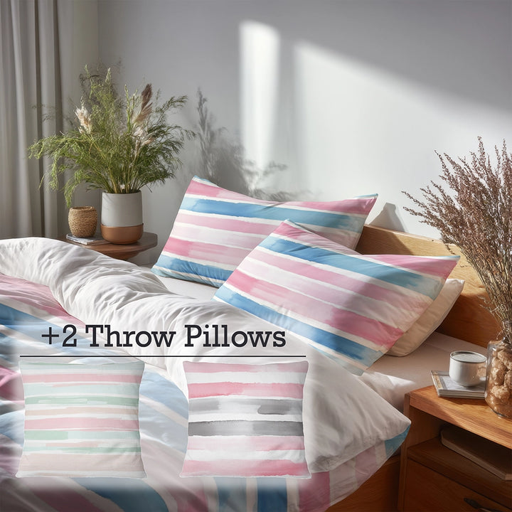 Striped Duvet Cover Set of 5 - Pink And Blue Soft Drift Bedding And Throw Pillow Set