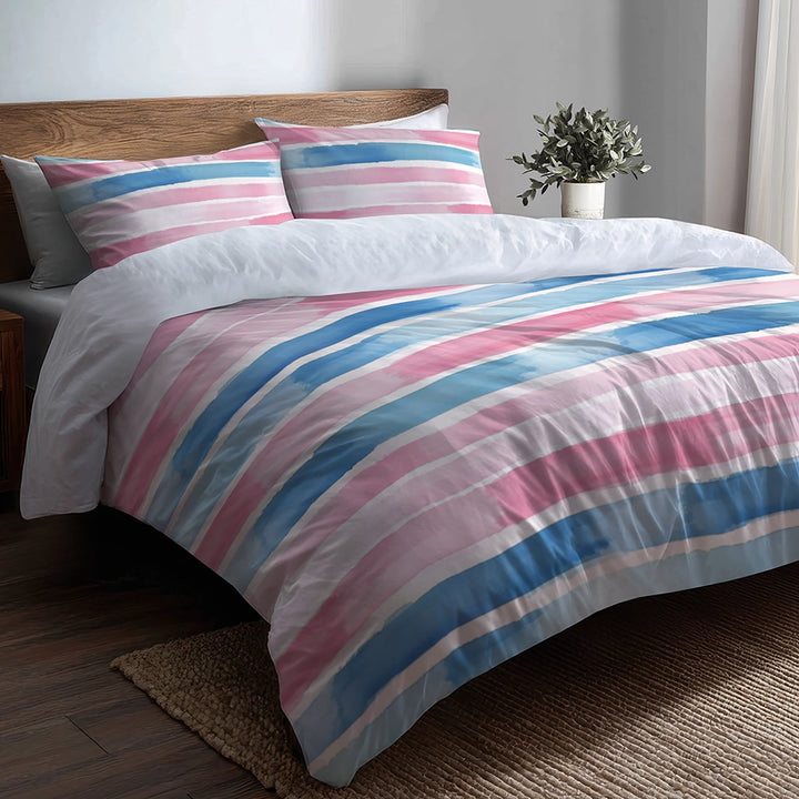 Striped Duvet Cover Set of 5 - Pink And Blue Soft Drift Bedding And Throw Pillow Set