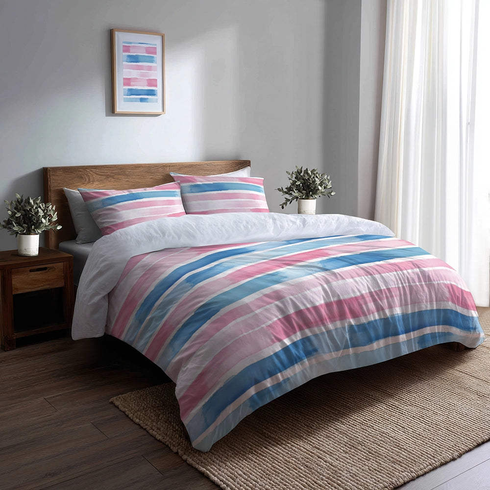 Striped Duvet Cover Set of 5 - Pink And Blue Soft Drift Bedding And Throw Pillow Set