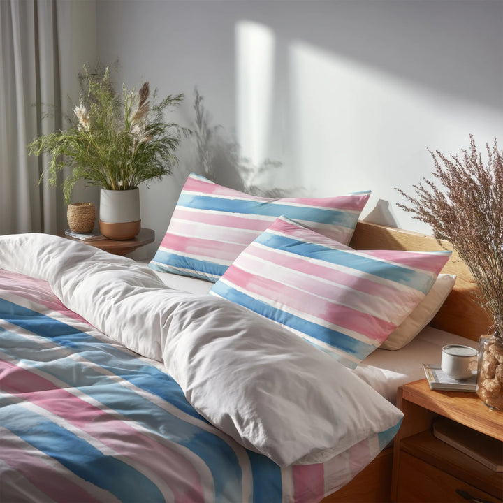 Striped Duvet Cover Set of 5 - Pink And Blue Soft Drift Bedding And Throw Pillow Set