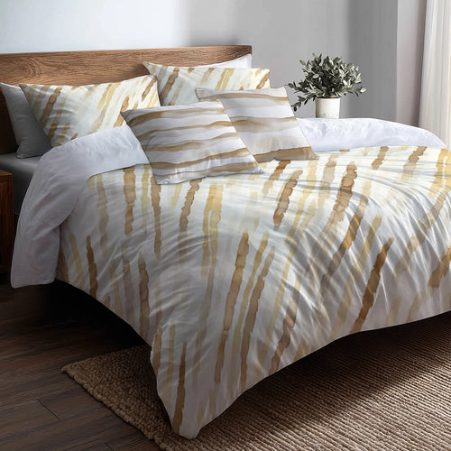 Country / Farmhouse Bedding Set of 5 - Brown And Yellow Wheat Lines Duvet Cover And Throw Cushion Set