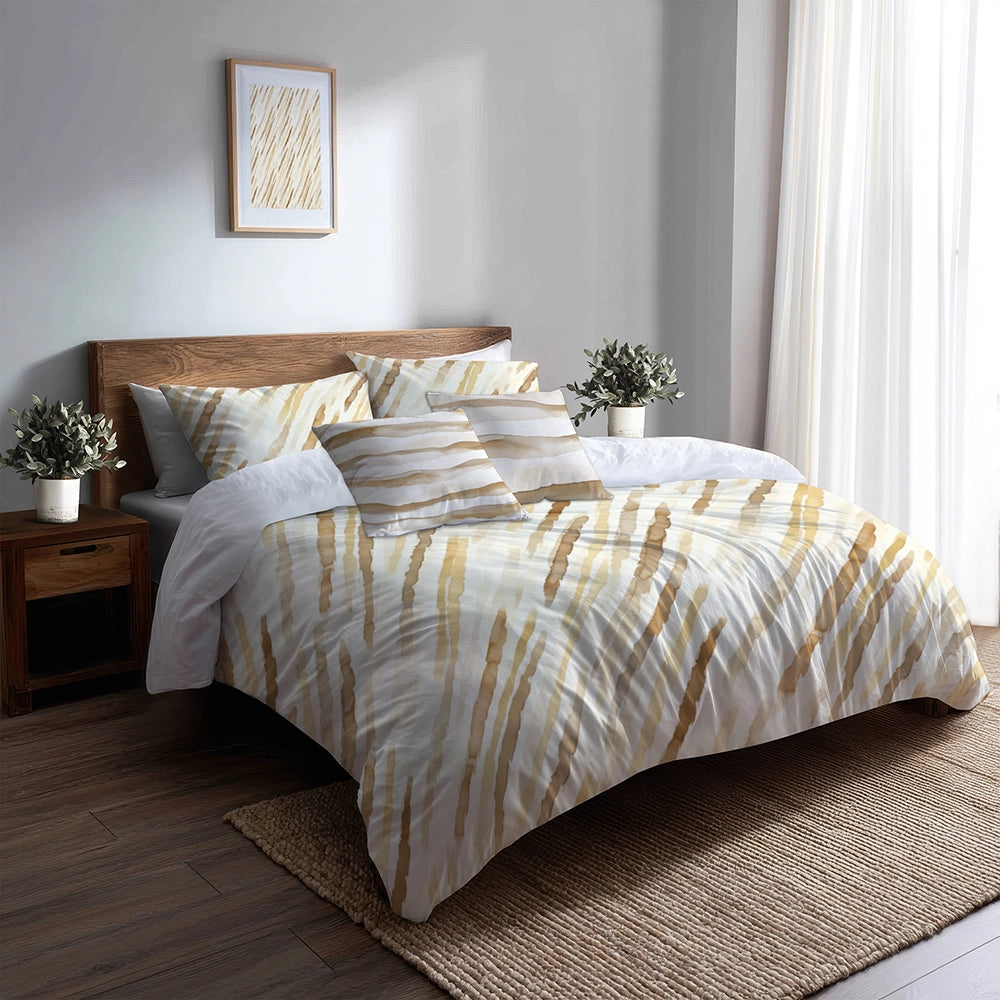Country / Farmhouse Bedding Set of 5 - Brown And Yellow Wheat Lines Duvet Cover And Throw Cushion Set