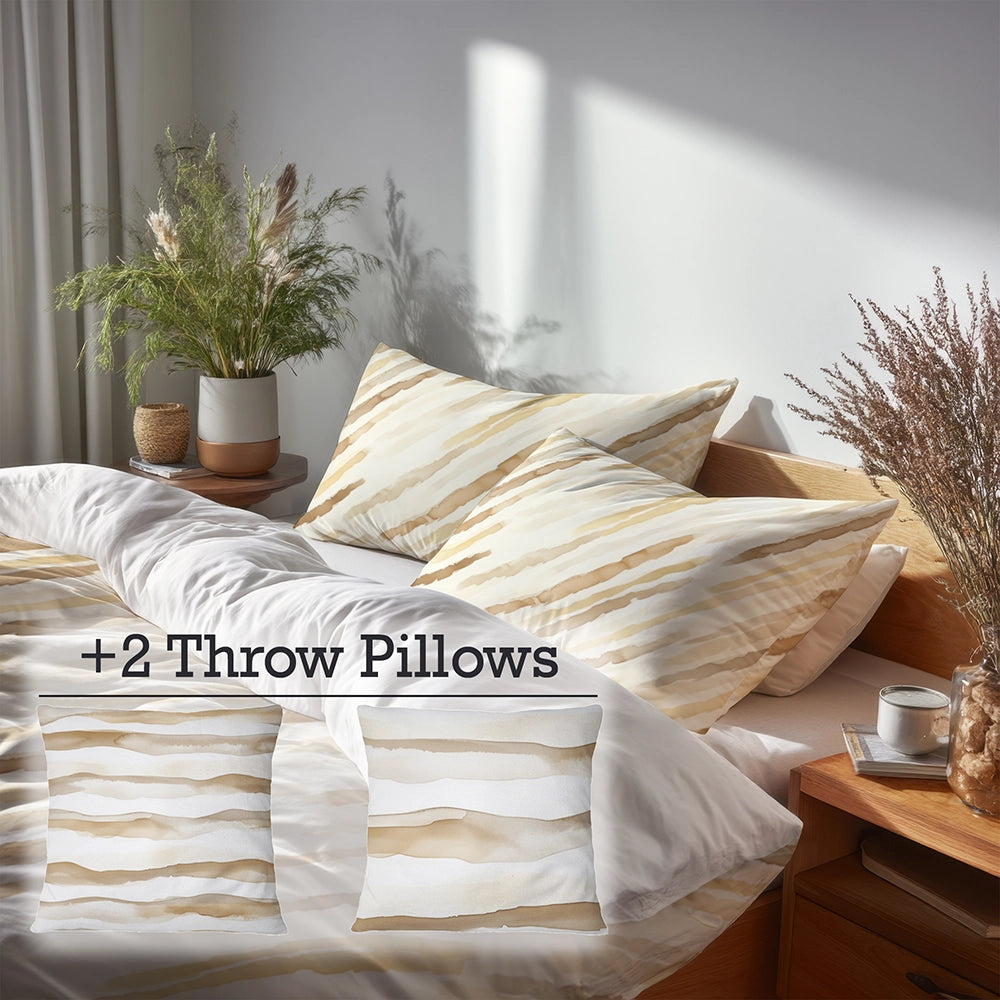 Country / Farmhouse Bedding Set of 5 - Brown And Yellow Wheat Lines Duvet Cover And Throw Cushion Set