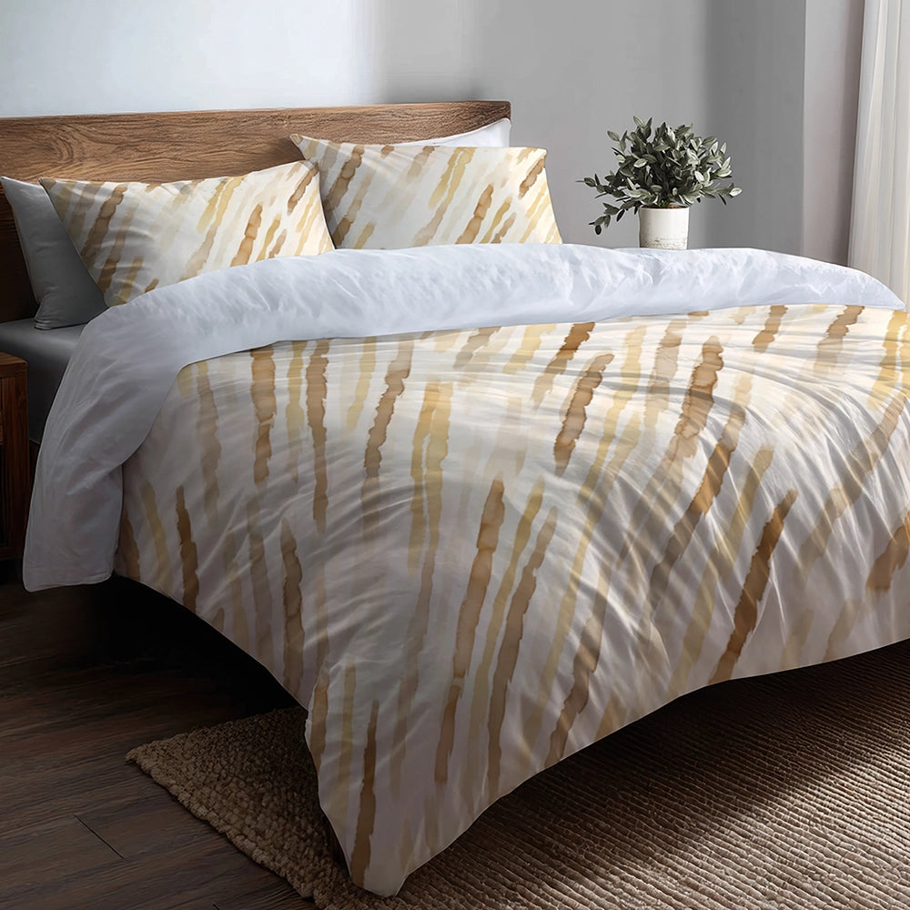 Country / Farmhouse Bedding Set of 5 - Brown And Yellow Wheat Lines Duvet Cover And Throw Cushion Set