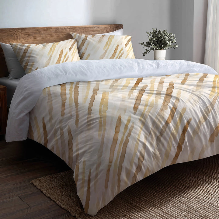 Country / Farmhouse Bedding Set of 5 - Brown And Yellow Wheat Lines Duvet Cover And Throw Cushion Set