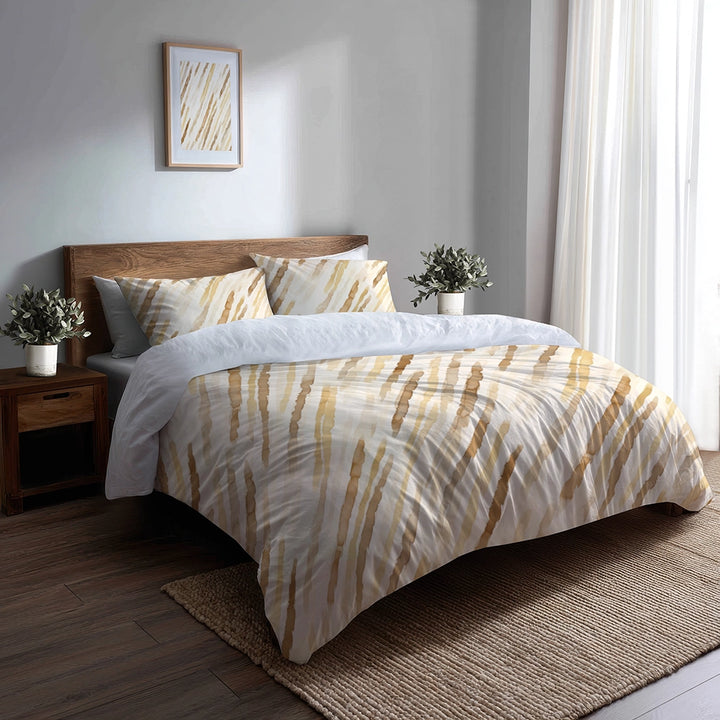 Country / Farmhouse Bedding Set of 5 - Brown And Yellow Wheat Lines Duvet Cover And Throw Cushion Set