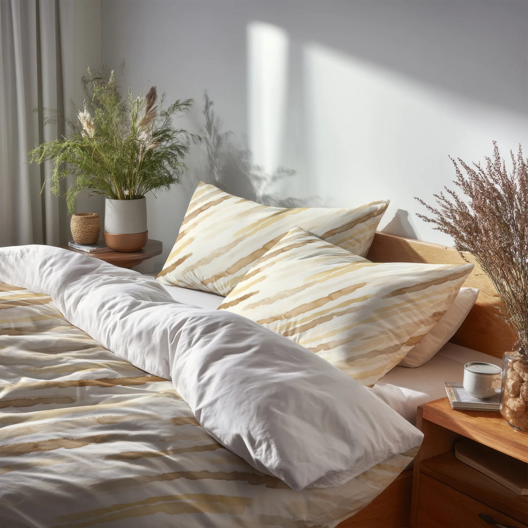 Country / Farmhouse Bedding Set of 5 - Brown And Yellow Wheat Lines Duvet Cover And Throw Cushion Set