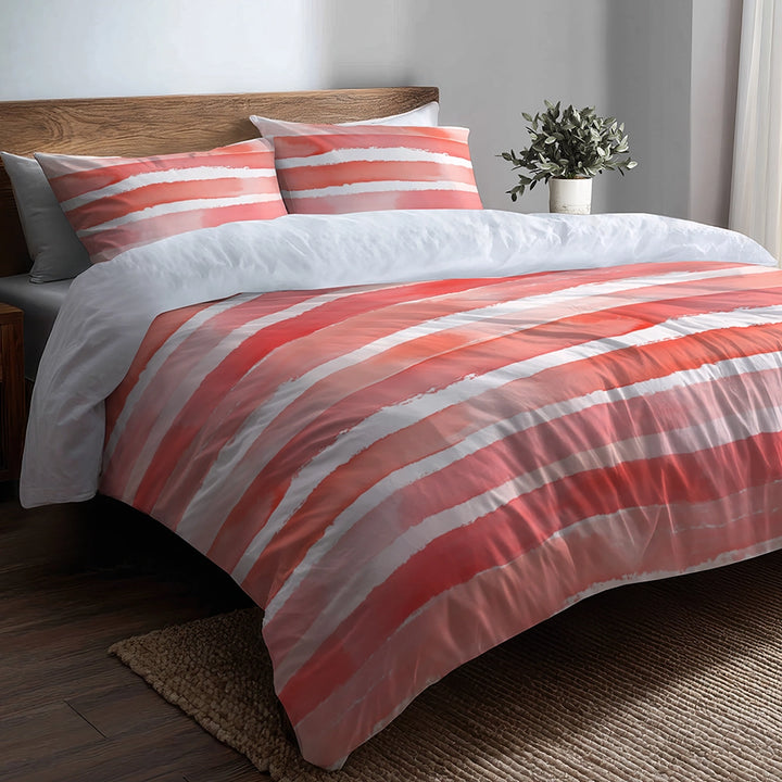 Modern Bedding Set of 5 - Pink And White Dawn Stripes Duvet Cover And Throw Pillow Set