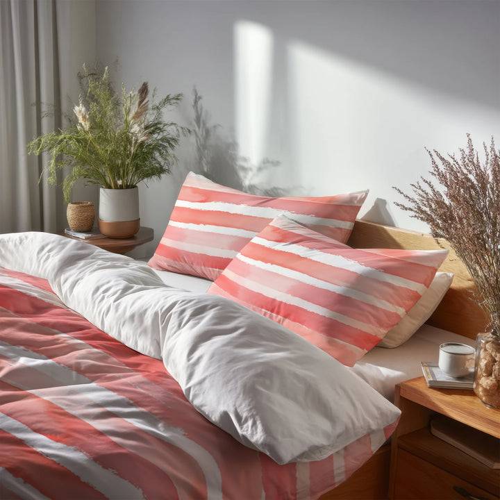 Modern Bedding Set of 5 - Pink And White Dawn Stripes Duvet Cover And Throw Pillow Set