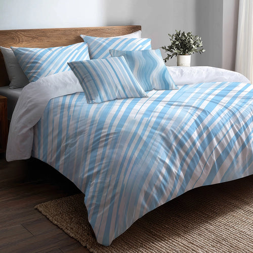 Striped Bedding Set 5 Pcs - Blue And White Glacier Lines Duvet Cover And Throw Pillow Set