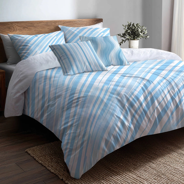 Striped Bedding Set 5 Pcs - Blue And White Glacier Lines Duvet Cover And Throw Pillow Set