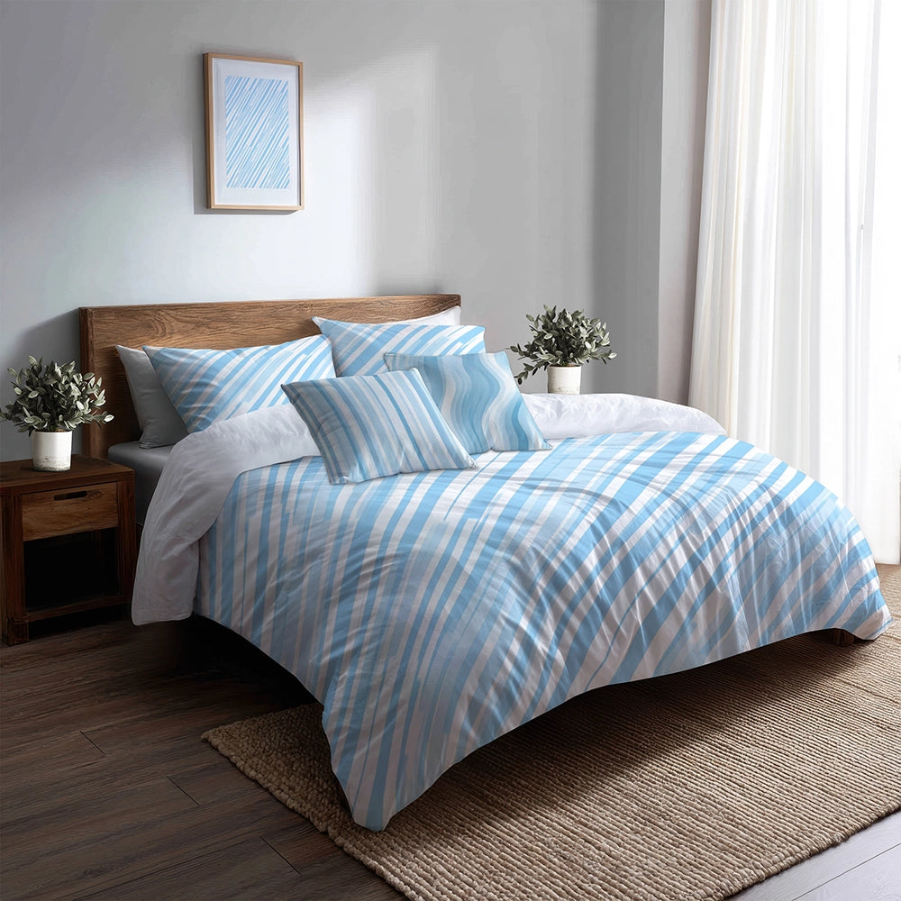 Striped Bedding Set 5 Pcs - Blue And White Glacier Lines Duvet Cover And Throw Pillow Set