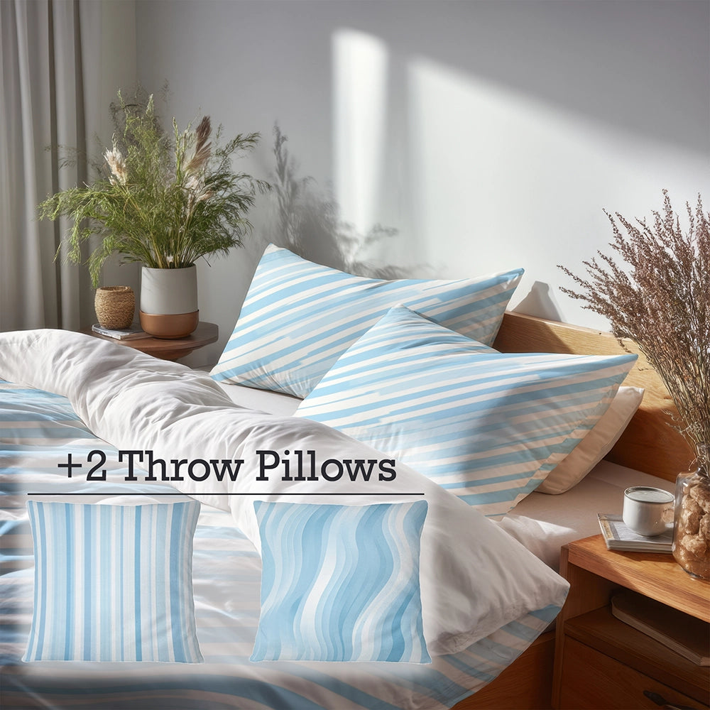 Striped Bedding Set 5 Pcs - Blue And White Glacier Lines Duvet Cover And Throw Pillow Set