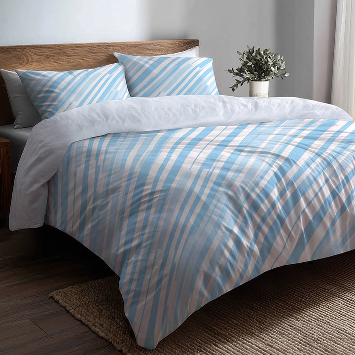 Striped Bedding Set 5 Pcs - Blue And White Glacier Lines Duvet Cover And Throw Pillow Set